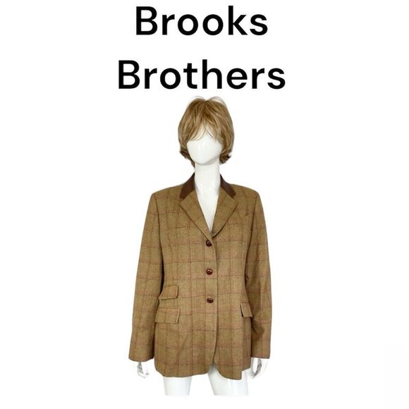 Brooks Brothers Vintage Wool Cashmere Leather Plaid Preppy 3 Button Blazer 14